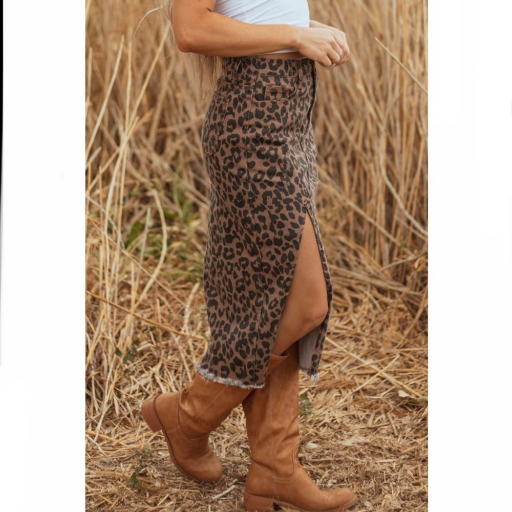 Brown Leopard Frayed Split Denim Midi Skirt - Picture 6 of 6